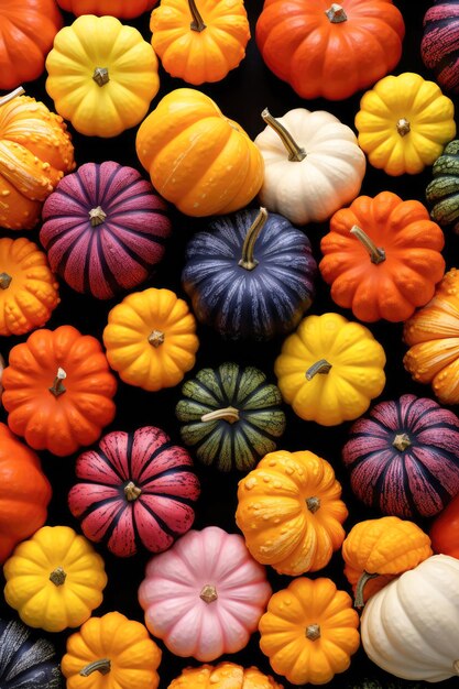 background of small colored pumpkins Concept Thanksgiving autumn holidays Cooking healthy food vegetables