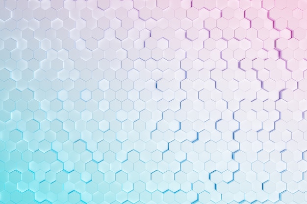 Background of small hexagons with pink and blue gradient color. 3d rendering