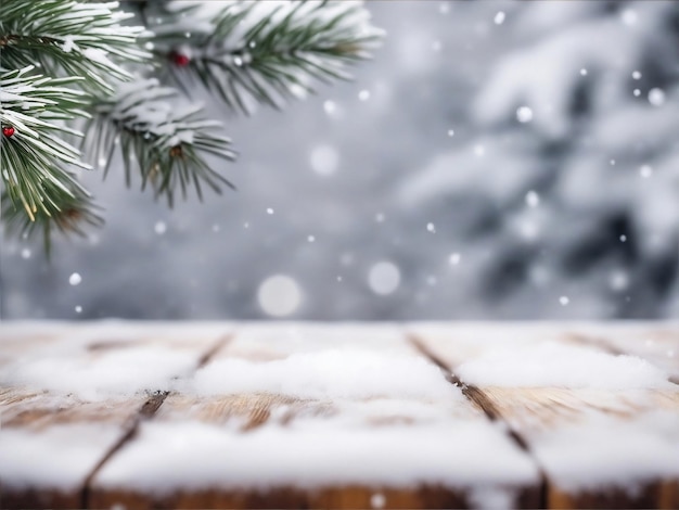 光沢のある木のテーブルの上に雪のクリスマスの背景