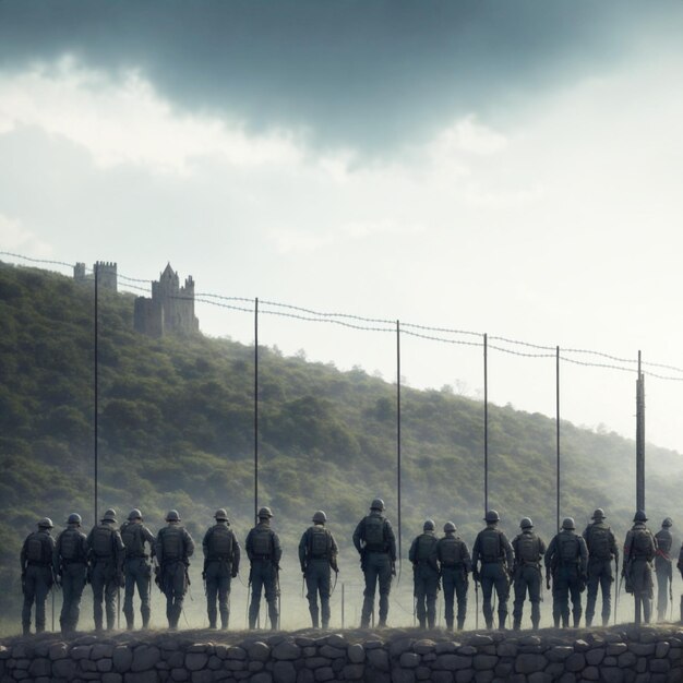 background of soldiers profiled with their backs to the camera in front of high fence and h