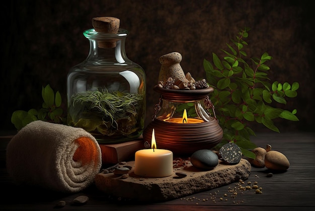 a background of the spa center candles plants and massage stones generated AI