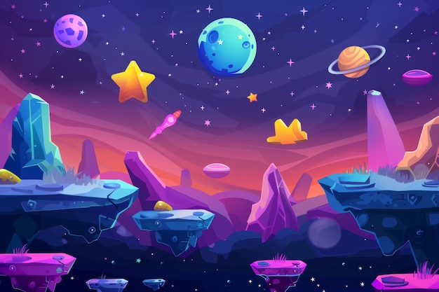 Photo background for a space game level with platforms cartoon illustration of alien planets stars and a spaceship for arcade computer animation mobile or console games