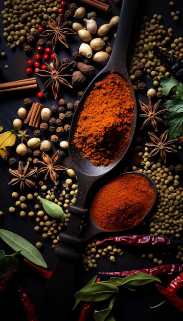 Background Spices and herbs for cooking on dark background Spices Seasonings drinks Generate AI