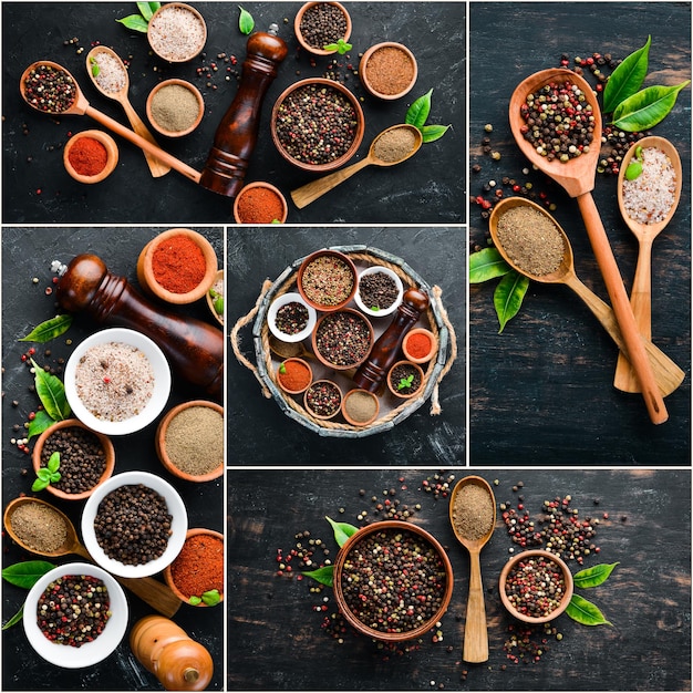 Background of spices Photo collage of pepper and spices Top view On a black background