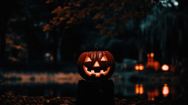 オレンジ色のライトと不気味なハロウィーンのカボチャの背景