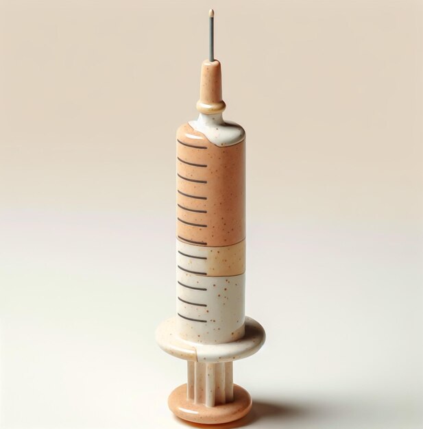 Photo background of standing ceramic syringe in orange beige and brown colors on light beige back