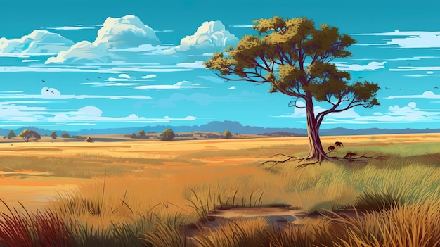 Background steppe with wild grasses and lone tree Eyecatching banner design featuring an illustration of a lone tree in a serene steppe Generative AI