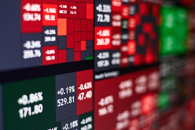 Photo background of stock heatmap on the monitor in predominantly red