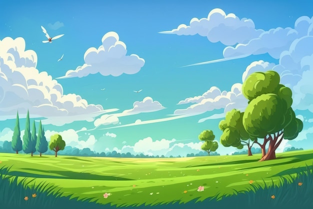 Background of a summer landscape with a green grass field and beautiful sky Generative AI