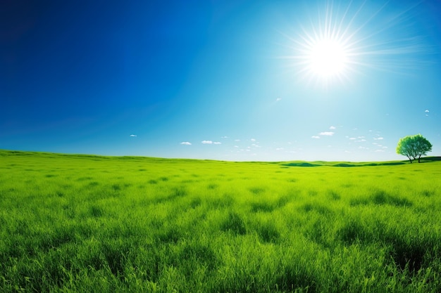 Background of summer scenery with a green grass field blue sky and brilliant sun