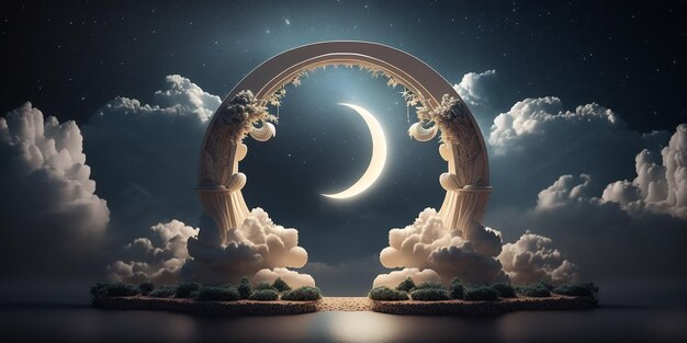 Background template with crescent moon shining through an baroque arch of clouds in the night sky Created with Generative AI technology