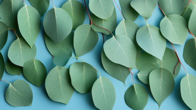 Background Texture made of green eucalyptus leaves Flat lay top view AI