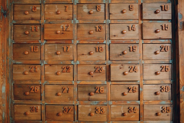 Background texture wallpaper old vintage wooden cabinet with lockers drawers file boxes