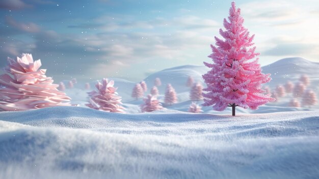 Foto lo sfondo di questo rendering 3d mostra una scena di paesaggio invernale astratta con un albero di natale rosa in primo piano