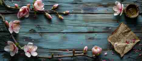 Photo the background of this rustic style photograph features shabby wooden planks with magnolia flowers and orchids