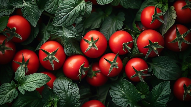 A background of tomatoes and leaves