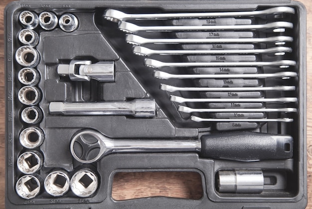 Background of a toolbox. Wrenches of different sizes