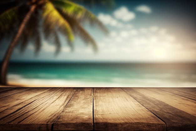 바다와 야자나무가 있는 나무 테이블 위에 잔잔한 바다와 하늘의 흐릿한 보케가 있는 열대 해변의 배경 제품 디스플레이 몽타주의 경우 비어 있습니다.
