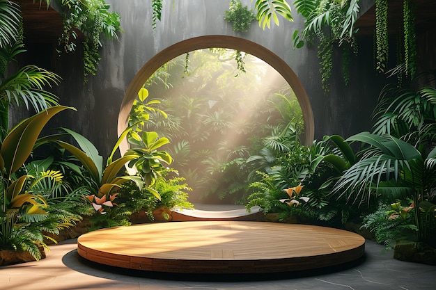 Фон тропического леса подиум 3D-продукт рендеринг стенд ИИ сгенерирован