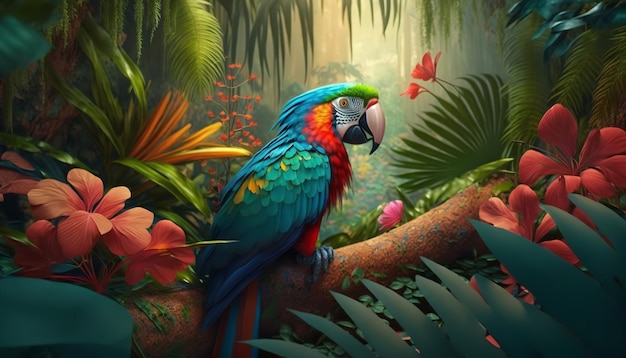 Background for tropical wallpaper including flora and birds Generative Ai