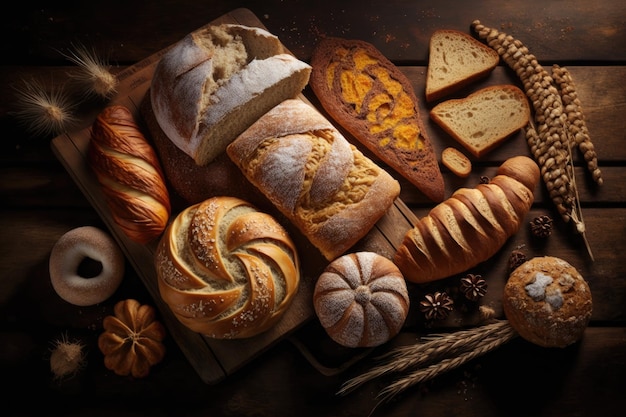 Background of various baked breads on a wooden table