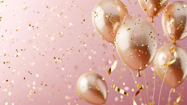 Background vector with festive realistic balloons with ribbon Celebratory design with gold colored balloons on pink strewn with glittering confetti
