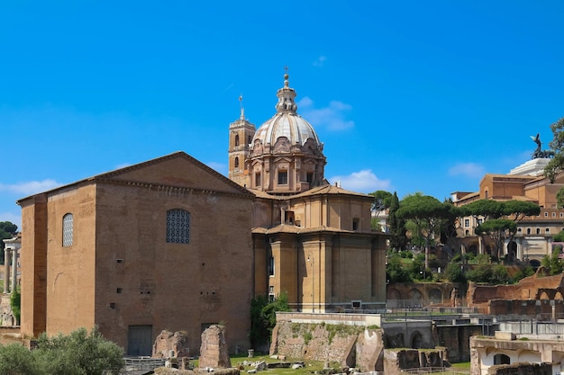 Background view of antique ruins in the Roman Forum on Capitol Hill Rome Europe