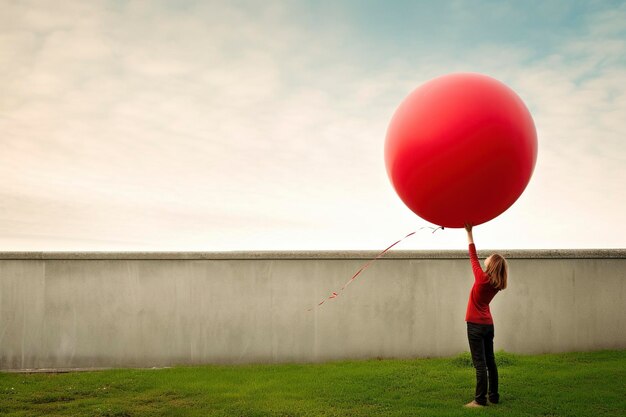 Photo a background of a wall with the sky in the background and a woman playing with a red balloon copy space to complete with messages