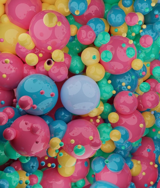 Sfondo di palline colorate a più toni con effetto lucido 3d rendering illustrazione banner per annunci di testo e spazio di copia toy kids styling 4k ad alta risoluzione