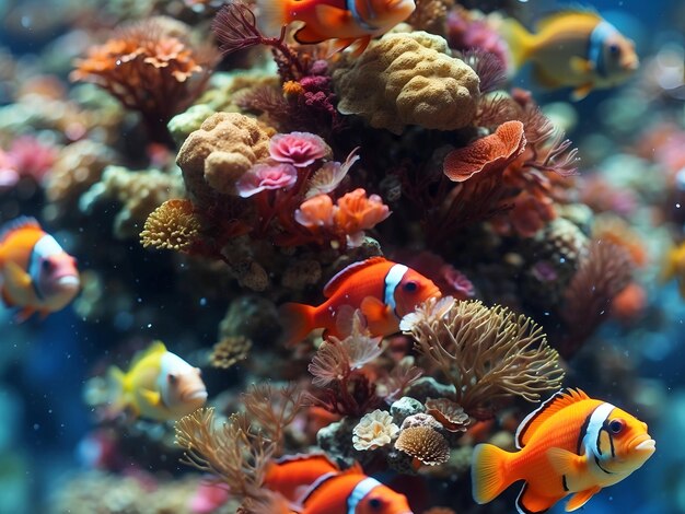 Foto sfondo sotto l'acqua con molti piccoli pesci colorati barriera corallina sullo sfondo