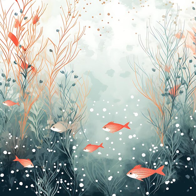 Background Watercolor of Soft Cyan Background With Silver Ink Smudges Doodled Fish an 2D Design