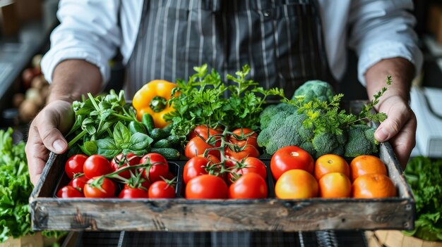 Photo in the background we see a doctor holding vegetables and fruits on a tray diet nutrition health care concept a web banner background with copy space