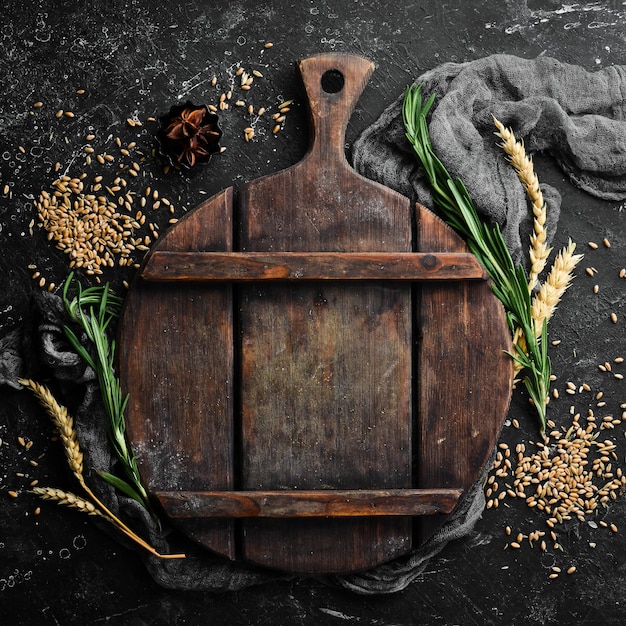 Background: wheat and cooking. Baking. Top view. Rustic style.