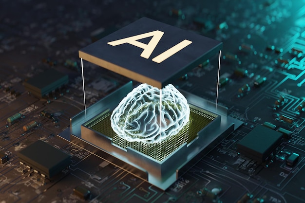 A background in which the artificial intelligence brain is seen as a hologram inside AI semiconductors applied to AI technology 3d rendering