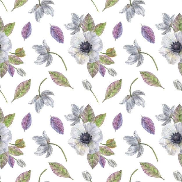 Background of white anemones flowers and bright green and purple hand drawn leaves