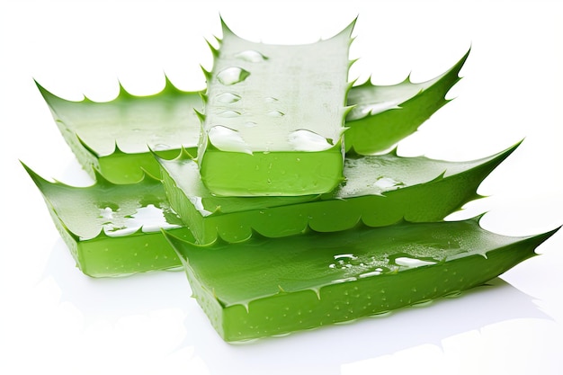 A background of white with aloe vera leaves sliced in focus