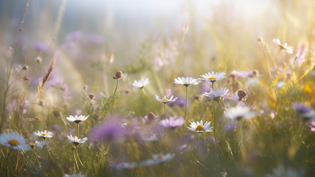 Background of wildflowers chamomile and purple wild pea with sunlight Generative AI image