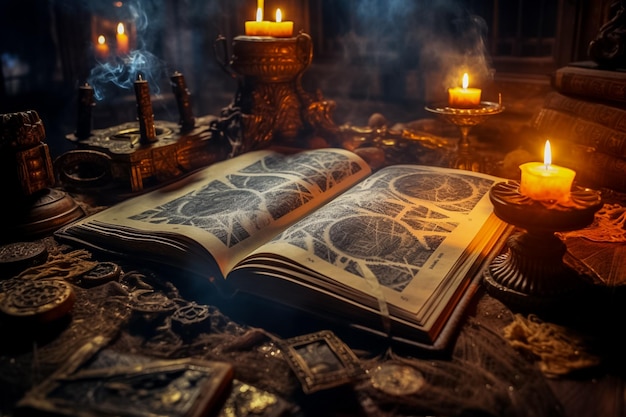 Фоновая комната ведьмы-гадалки, карта Таро. Древние книги с окрашенными страницами. Магия, созданная Ай.