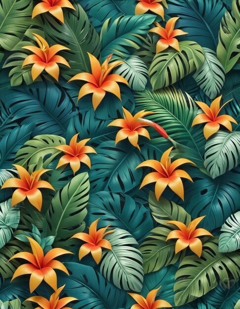 Background with 3d spring tropical flowers patterns and texture