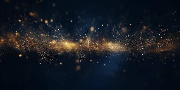 Background with abstract dark blue and gold particles background was covered in bokeh particles from the golden Christmas light Generative AI