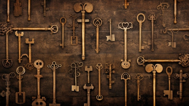 Photo background with antique old keys in brown color