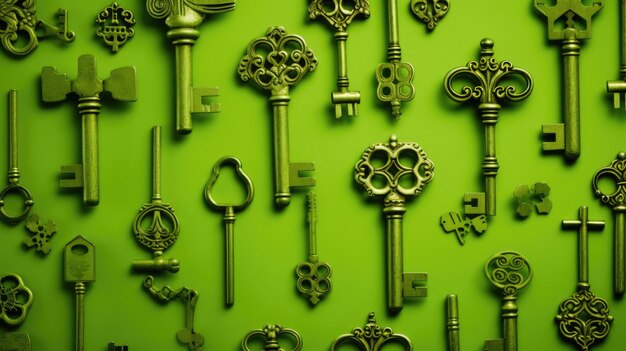 Photo background with antique old keys in lime green color