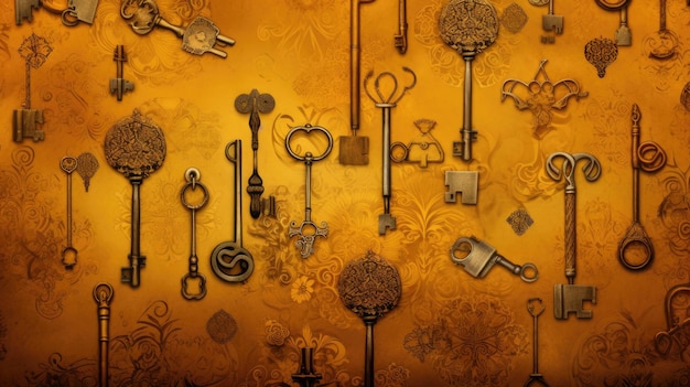 Photo background with antique old keys in saffron color