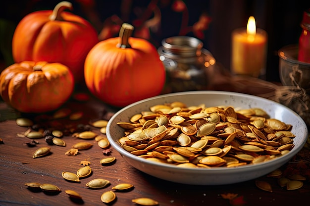 Background with baked salted pumpkin seeds