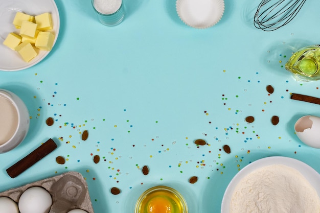 Background with baking ingredients Flat lay View from above