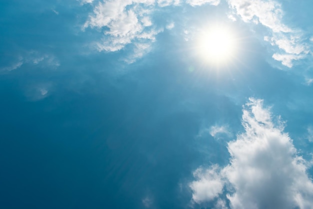 Background with blue sky, white clouds and sun.