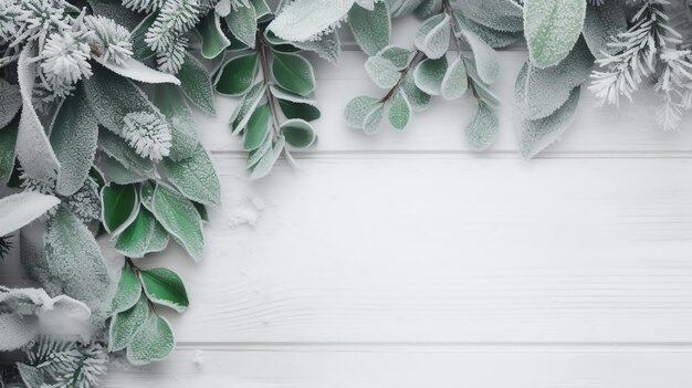 Photo background with a border of green fir tree twigs