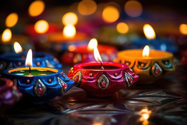 ディワリ祭のお祝いのための明るいカラフルな粘土ディヤ ランプの背景