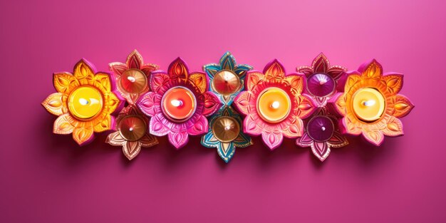 Foto sfondo con lampade diya in argilla colorata e luminosa per la celebrazione del festival di diwali