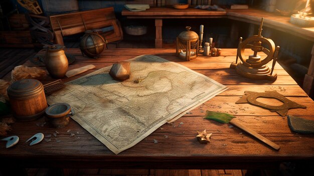 Background with a brown wooden table a pirate treasure map and other items Generative AI illustrator